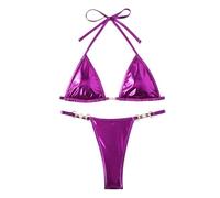 Fryloo Maillot de Bain Femmes Brillant Léopard Bikini Set, Triangle Halter Top avec Pearl Détail & Chaîne Side Thong, Micro Maillots pour La Plage Piscine Vacances D'été