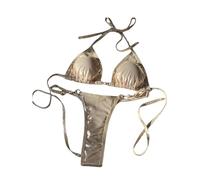 Fryloo Maillot de Bain Femmes Brillant Léopard Bikini Set, Triangle Halter Top avec Pearl Détail & Chaîne Side Thong, Micro Maillots pour La Plage Piscine Vacances D'été