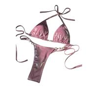 Fryloo Maillot de Bain Femmes Brillant Léopard Bikini Set, Triangle Halter Top avec Pearl Détail & Chaîne Side Thong, Micro Maillots pour La Plage Piscine Vacances D'été