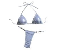 Fryloo Maillot de Bain Femmes Brillant Léopard Bikini Set, Triangle Halter Top avec Pearl Détail & Chaîne Side Thong, Micro Maillots pour La Plage Piscine Vacances D'été
