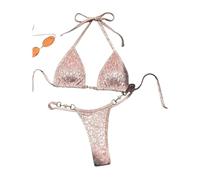 Fryloo Maillot de Bain Femmes Brillant Léopard Bikini Set, Triangle Halter Top avec Pearl Détail & Chaîne Side Thong, Micro Maillots pour La Plage Piscine Vacances D'été
