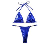 Fryloo Maillot de Bain Femmes Brillant Léopard Bikini Set, Triangle Halter Top avec Pearl Détail & Chaîne Side Thong, Micro Maillots pour La Plage Piscine Vacances D'été
