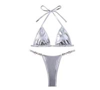 Fryloo Maillot de Bain Femmes Brillant Léopard Bikini Set, Triangle Halter Top avec Pearl Détail & Chaîne Side Thong, Micro Maillots pour La Plage Piscine Vacances D'été