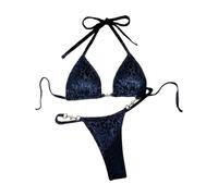 Fryloo Maillot de Bain Femmes Brillant Léopard Bikini Set, Triangle Halter Top avec Pearl Détail & Chaîne Side Thong, Micro Maillots pour La Plage Piscine Vacances D'été