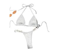 Fryloo Maillot de Bain Femmes Brillant Léopard Bikini Set, Triangle Halter Top avec Pearl Détail & Chaîne Side Thong, Micro Maillots pour La Plage Piscine Vacances D'été