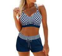 Fryloo Maillot de Bain Femmes Coral Chevron Trim Tankini Set, Halter Top & Shorts À Cordon, Maillots en Deux Pièces Contrôle du Ventre pour Les Vacances Piscine Plage (s-6xl)- Blue-XL