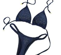 Fryloo Maillot de Bain Femmes Pearl Triangle Bikini, Halter Cravate Côté Sexy 2 Pièces, Noir Brillant avec Détail Perle pour Vacances Piscine Plage