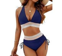Fryloo Maillot de Bain Femmes Royal Halter Bikini, Bande Taille Pastel Fumée Haut en V Profond avec Haute Cravate Côté Bas, 2 Pièces S-XL-Dark Blue Blue-s