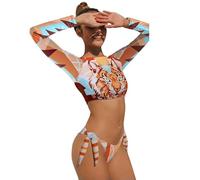 Fryloo Maillot de Bain Femmes Tigre Imprimé Rash Guard Bikini, Manches Longues Crop Top avec Cravate Côté Bas, Géométrique pour La Piscine Surf Plage