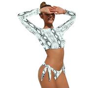 Fryloo Maillot de Bain Femmes Tigre Imprimé Rash Guard Bikini, Manches Longues Crop Top avec Cravate Côté Bas, Géométrique pour La Piscine Surf Plage