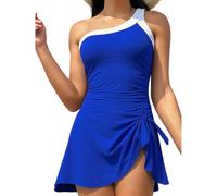 Fryloo Maillot de Bain Robe À La Mode Blue Mint - Jupe Col Carré pour Femmes avec Cravate Avant Et Contrôle du Ventre-p5sapphire Blue-m