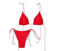 Fryloo Maillot de Bain Rouge Triangle Bikini, Halter Top avec Or Perle Cravate Côté Haute Coupe, Micro Couleur Solide pour La Plage Piscine