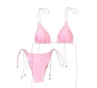 Fryloo Maillot de Bain Rouge Triangle Bikini, Halter Top avec Or Perle Cravate Côté Haute Coupe, Micro Couleur Solide pour La Plage Piscine