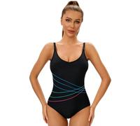 Fryloo Maillot de Bain Sport Rayé One Piece, Ligne Colorée Minceur, Monokini Taille Plus pour La Formation Plage-Blue-XXL