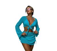 Fryloo Maillot de Bain Trendy Crochet Red Bikini Set - Triangle Halter 4 Pièces pour Femmes avec Haut À Manches Bell Et Mini Jupe-Malachite Blue-m