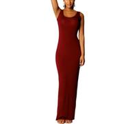 Fryloo Mini-Jupe Femmes Bodycon Maxi Robe sans Manches De Fête Décontractée Couleur Solide, Réservoir Longueur Sol Opaque Souple Élastique-Claret-l