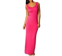 Fryloo Mini-Jupe Femmes Bodycon Maxi Robe sans Manches De Fête Décontractée Couleur Solide, Réservoir Longueur Sol Opaque Souple Élastique-Rose Red-l