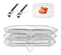 Frytter Lot de 3 paniers empilables pour Airfryer + 2 pinces, panier à air en acier inoxydable, étagère à friteuse à air, étagères empilables, racks de friteuse à air chaud, paniers pour friteuse à