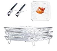Frytter Lot de 3 paniers empilables pour Airfryer + 2 pinces, panier à air en acier inoxydable, étagère à friteuse à air, étagères empilables, racks de friteuse à air chaud, paniers pour friteuse à