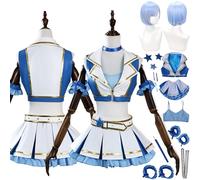 FRYWORK Anime Re Life In A Different World From Zero Rem Cosplay Costume Tenue Cheerleading Uniforme Ensemble Complet Halloween Carnaval Fête Habiller avec Perruque pour Femmes (XS)