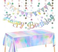 Fsahiuf Décoration d'anniversaire irisée, holographique, iridescente, avec guirlande « Happy Birthday », guirlande de fanions argentés, cercles irisés, bannières métalliques, serpentins pour fête