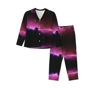 FSCEV Dark Star Sky Ensemble de pyjama à manches longues pour femme 2 pièces confortable vêtements de nuit et vêtements de détente, Noir , S