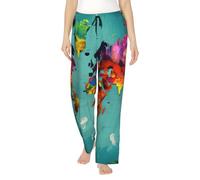 FSCEV Pantalon de pyjama pour femme, motif carte du monde, tenue décontractée, relaxante et confortable, pour dormir la nuit, Noir , S