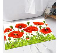 FSDGY Tapis de Bain,Tapis Salle de Bain Moelleux en Microfibre,Tapis de Douche Absorbant Lavable en Machine,Bordure Horizontale avec des Coquelicots Rouges, des Coquelicots à la Camomille et,60x90 cm