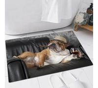 FSDGY Tapis de Bain,Tapis Salle de Bain Moelleux en Microfibre,Tapis de Douche Absorbant Lavable en Machine,Bulldog, Photo Humoristique d'un Gentleman se reposant sur Une Chaise avec Un verr,60x90 cm