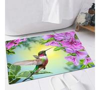 FSDGY Tapis de Bain,Tapis Salle de Bain Moelleux en Microfibre,Tapis de Douche Absorbant Lavable en Machine,Petit Oiseau Colibri sur Un Fond de Fleurs Roses et de Feuilles Vertes,60x90 cm