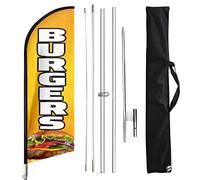 FSFLAG Drapeau à plumes Burgers avec mât de drapeau et piquet de sol, 3,4 m, bannière de drapeau sans vent, panneau d'entreprise pour publicité intérieure et extérieure