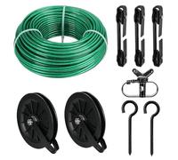 fshihine Corde à Linge de 45 m, Câble métallique gainé en PVC Vert, avec poulie de renvoi en Nylon, Séparateur, Crochet à vis M8 - Corde à Linge - Résistant aux intempéries - pour extérieur