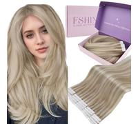 Fshine Adhesive Extension Cheveux Naturel 35cm 20pcs Tape in Human Hair Extensions Seamless 50g Blond Mélangé à Un Blond Décoloré Tape in Seamless Real Human Hair Invisible Couleur 18P613