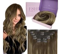 Fshine Clip Extension Cheveux Naturel 60cm 120g 7pcs Châtain Foncé Avec Mèches Blond Miel Extension Cheveux Naturel Clip Pour Femmes, Filles, Ajoute du Volume Instantanément, Les Séances Photo