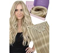 Fshine Extension a Clip Cheveux Naturel Humain Blond Cendré Avec Mèches Blond Clair Extension Cheveux Naturel Clip Lisse Rajout Remy Hair Longue Tenue Pour Femmes, 45 cm 120 g 7 Pièces, Couleur 16P22