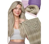 Fshine Extension Cheveux à Clip Naturel Blond Cendré Mèches Blond Bleach 120g 45cm Extension à Clips Cheveux Humain Remy Lisse Couleur 18P613