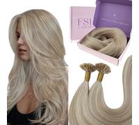 Fshine Extensions Cheveux Naturel Keratine 35CM 14 Pouces 50g 50s Blond Cendré Mèches Blond Bleach Extensions Keratine a Chaud Raides Lisse Vari Cheveux Humains Couleur 18P613