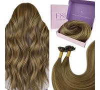 Fshine Extensions Keratine Balayage Brun Moyen avec Blond Miel Extensions Cheveux Keratine Naturel Vari Cheveux Humain Raides Lisse Extensions 40CM 16 Pouces 50G 50 Brins Couleur 4 24 4