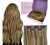 Fshine Omber Extensions Cheveux à Clips Naturel Remy Lisse Extensions Clip Cheveux Raides Vari Cheveux Humains Marron Moyen Highlight Blond Miel 50g 7pcs 12pouces Couleur 4P27