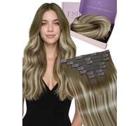 Fshine Rémy Extensions Cheveux Naturel Clip 45 cm 120 g Balayage Marron Foncé Dégradé Doré Extension à Clip Cheveux Naturel Rémy 7 Pièces Double Trame Humain, Pour Femmes et Filles, Couleur 3 8 22