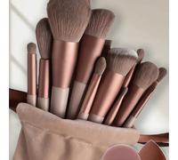 FSJF FIX Ensemble de 13 pinceaux de maquillage + 2 éponges de maquillage marron, comprenant un pinceau à ombre à paupières, un pinceau de fond de teint, un pinceau de crème BB, un pinceau correcteur, 
