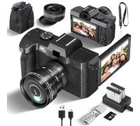 Fsjun Appareil Photo Numérique 5K-64 MP Grand Angle, Écran orientable 180° 3 Pouces, WiFi, Autofocus, Zoom numérique 16x, Carte SD 32 Go et 2 Batteries Li-ION, Léger et Portable pour Débutants, Noir