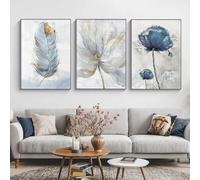 FSLEOVN Lot de 3 posters bleus - Images esthétiques modernes - Fleurs et plumes - Impression d'art élégante - Pour salon - Sans cadre - 50 x 70 cm