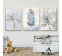 FSLEOVN Lot de 3 posters - Motif : fleurs bleues - Style nordique - Fleurs et plumes - Tableau mural - Bleu naturel - Décoration murale - Sans cadre - Bleu - 50 x 70 cm