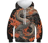 FSMHDG Hoodie Enfant Dragon Chinois - Sweat À Capuche 3D Élégant, Pull Confortable pour Enfants, Idéal pour Garçons Et Filles