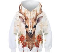 FSMHDG Sweat À Capuche 3D pour Enfants Faon de Noël、Watercolor Deco - Hoodie Enfant Ultra-Confortable, Idéal pour Garçon/Fille, Style Unique pour L'école