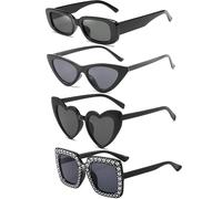 FSMILING Lot Lunettes De Soleil Femme Noir Lunette Retro Vintage Lunette De Soleil Rectangulaire Coeur Cateye Pour Femme,4 Pièces
