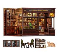 Fsolis Book Nook Kit - Corner Coffee Shop, DIY Miniature Maison de Poupée, Décoration 3D en Bois avec Maison de poupée illuminée Cadeau créatif Magique pour Adultes
