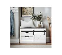 SoBuy Banc à Chaussures, Meuble d'entrée, Banc de Rangement, Meuble à Chaussures avec Coussin Rembourré, 2 Tiroir, 2 Étagères et Porte de Grange, 80 x 30 x 49 cm, FSR153-W