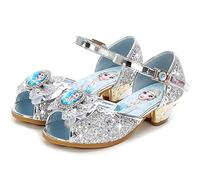 FStory&Winyee Sandales Princesse Enfant Filles Reine des Neiges Bouche Poisson Talons Hauts Chaussures Ballerines Elsa Arc Charmant Doux Cosplay Déguisement Ceremonie et Fêtes,Argent,28